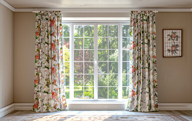 A large window with floral print curtains hanging from it, Cottagecore style bedroom, soft natural lighting.