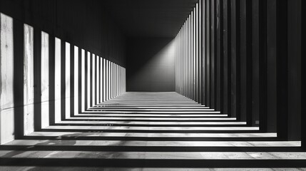 A black and white long hallway with parallel lines stretching into the distance