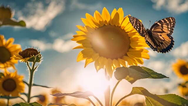 Close up of butterfly on sunflower against blue skies in sunny field.