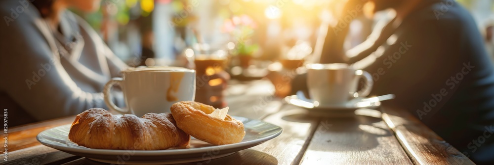 Wall mural Cozy breakfast scene with steaming cups of coffee and flaky pastries on a plate, with blurred people in the background