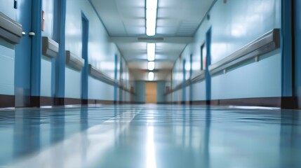 A long hallway with a blue wall and a blue floor. The hallway is empty and the light is on