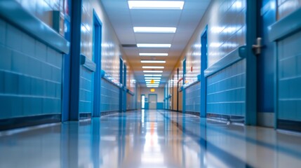 A long hallway with a blue wall and a blue floor. The hallway is empty and the light is on