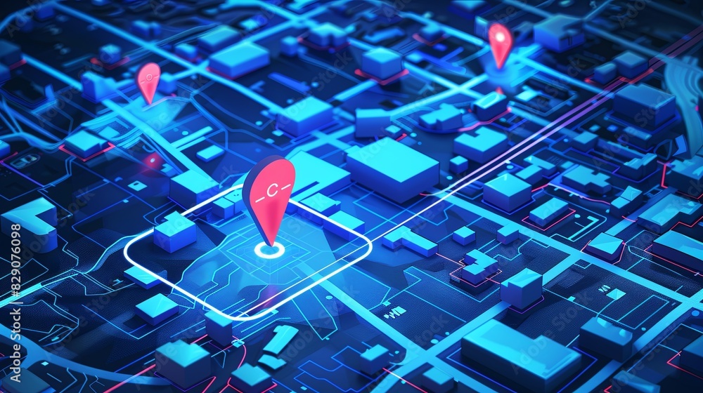 Poster red marker pinpointing a location on an isometric gps tracking map. abstract digital art background.