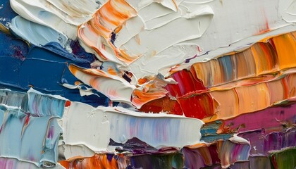 closeup of abstract rough blue orange red purple white art painting with oil brushstroke pallet...