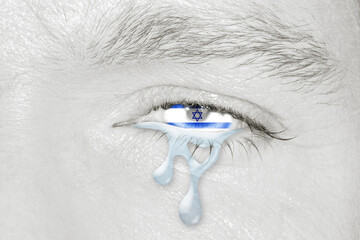 Crying eye with the flag of Israel in iris on black and white face. Concept of sadness for Israel pain