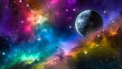 Illustration colorful science fiction planet. Stars and galaxies. Cosmos art. Starry outer space