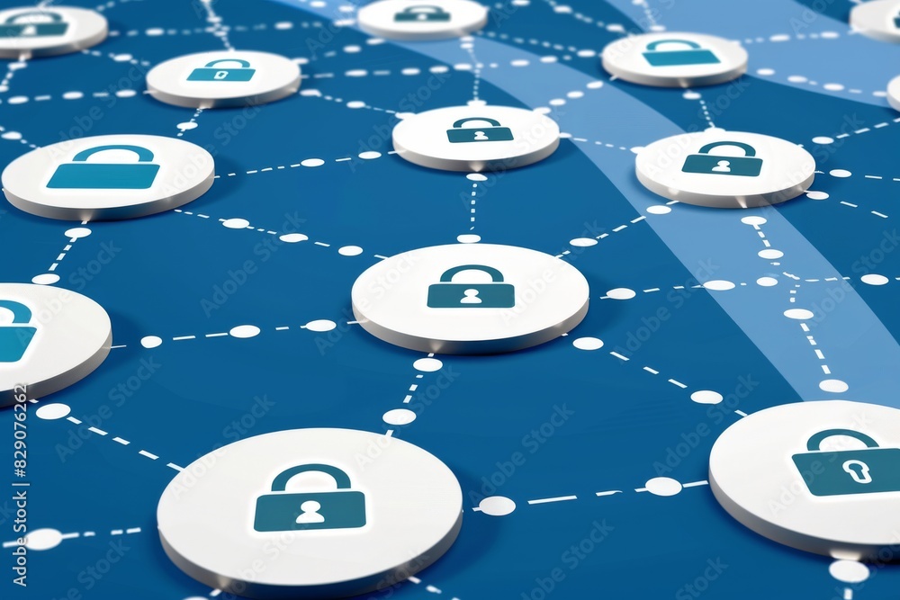 Aufkleber intricate cybersecurity network illustrated on blue background showing interconnected nodes and digi