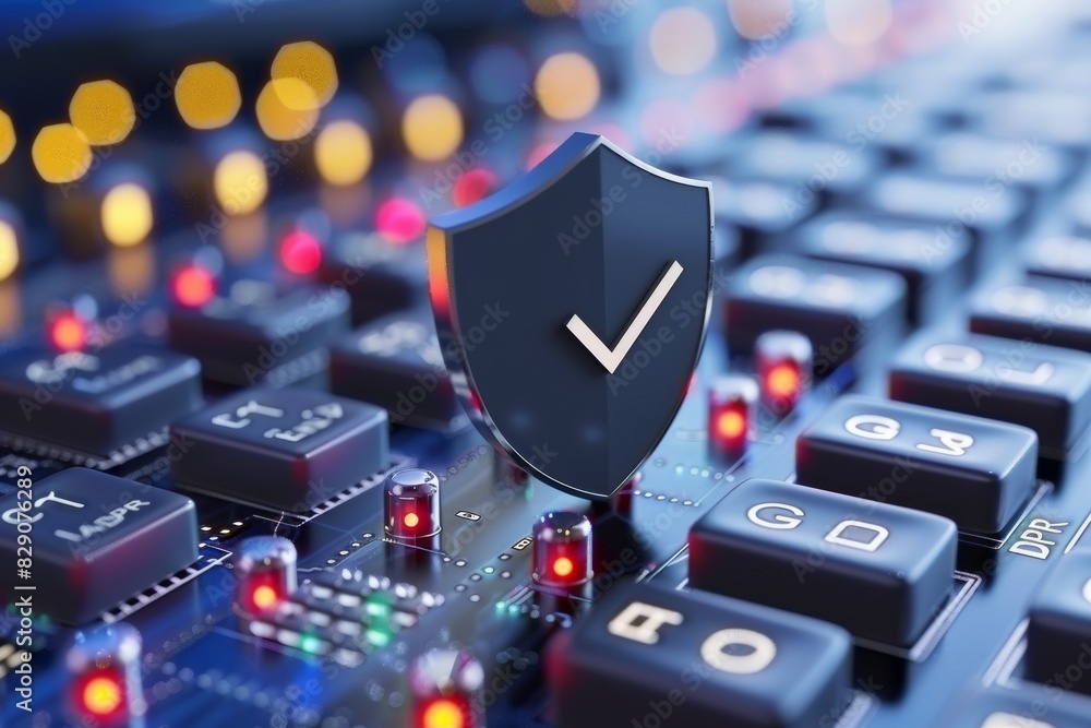 Aufkleber modern tech-inspired shield symbol on keyboard showcasing digital security concept in dark setting.