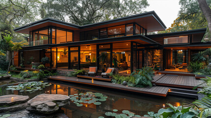 Obraz premium Modern House With Pond and Deck