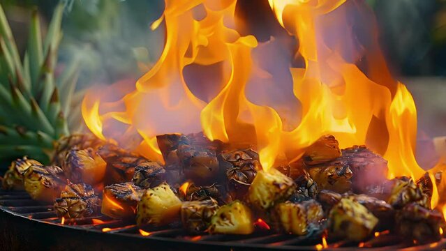 Smoke and flames dance across the open fire pit infusing succulent pineapple chunks with a smoky flavor at this tropical grill party.