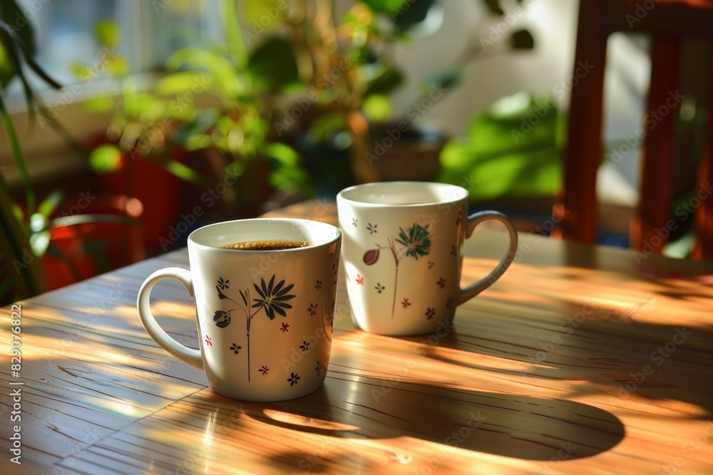 Aufkleber two coffee mugs filled with aromatic coffee resting on a wooden table. generative ai