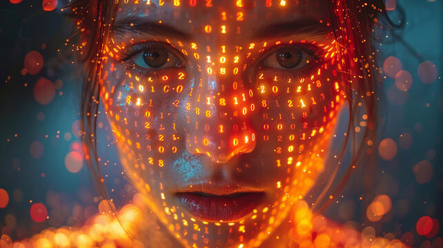 A human-like person transforms into digital binary code, with 1s and 0s, rendered in an array of bright colors,generative ai