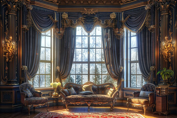 Obraz premium Extravagant room window adorned with luxurious fabrics and intricate detailing.