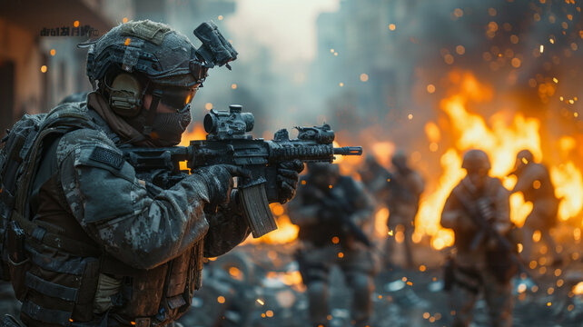 A group of special forces and terrorists fight in the street,generative ai