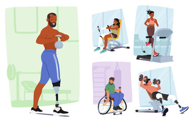 Diverse Characters With Disabilities Actively Engage In Various Gym Exercises, Demonstrating Strength And Resilience