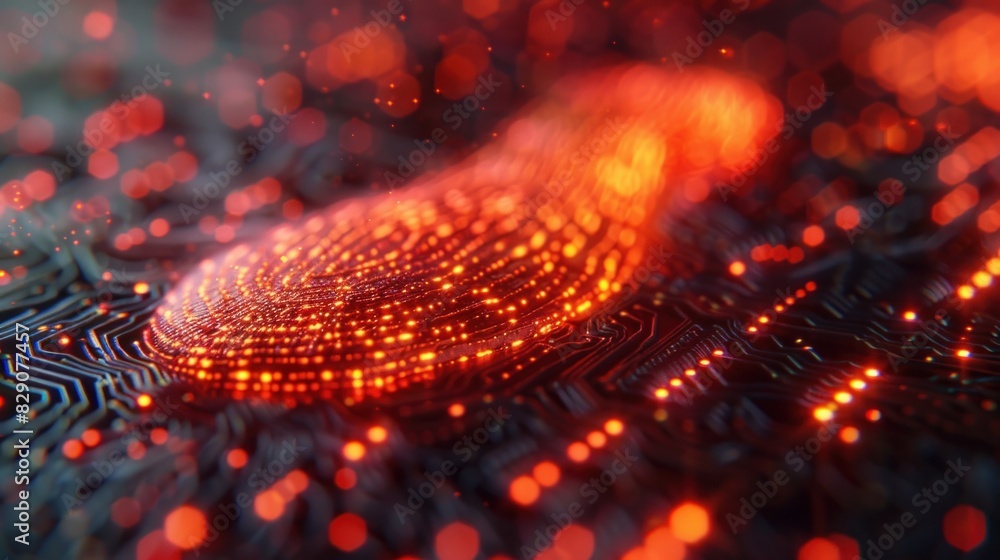 Poster 3d illustration integrates fingerprint with printed circuit, symbolizing digital security.