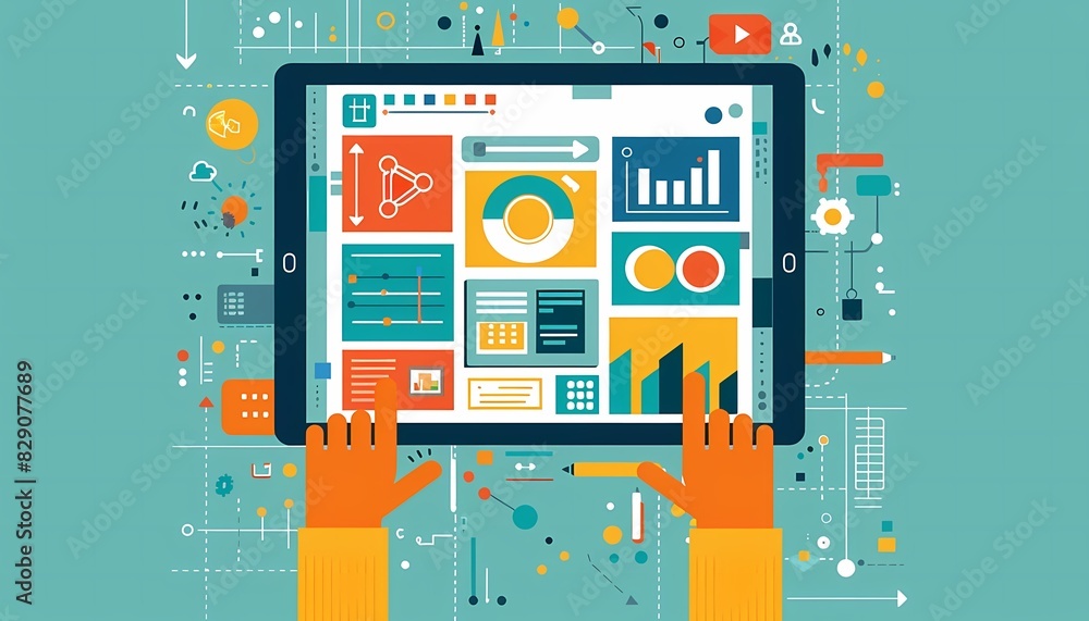 Poster imagine a flat design of a uxui designer using design software on a tablet