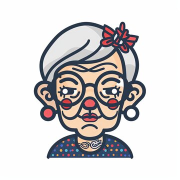 recommend clip art: A cartoonish drawing of an old woman with glasses and a bow in her hair