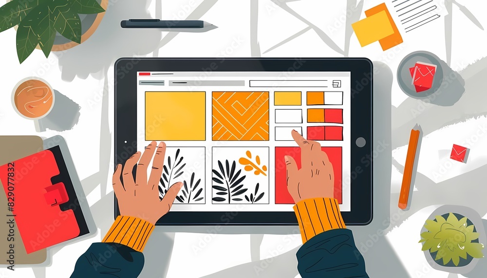 Poster imagine a flat design of a uxui designer using design software on a tablet