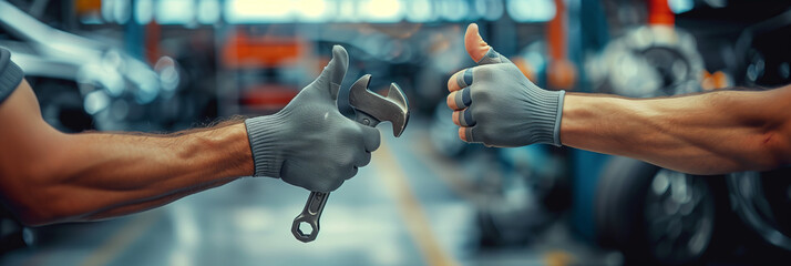 Closeup of a mechanic's hand confidently holding a wrench in a car repair shop.