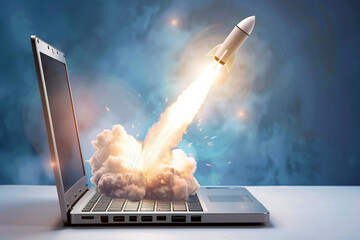 Rocket launch from laptop - concept of internet speed and technology - Powered by Adobe