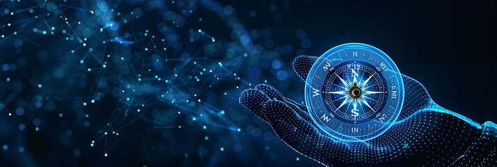 hands of polygonal hold compass against a blue future technology point wave data flow, with space for text, blurred blue background, high quality image