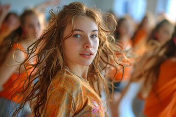 A dance workshop exploring movements and rhythms from around the world, promoting cultural exchange and physical expression. Concept of dance diversity and cultural fusion. Generative Ai.