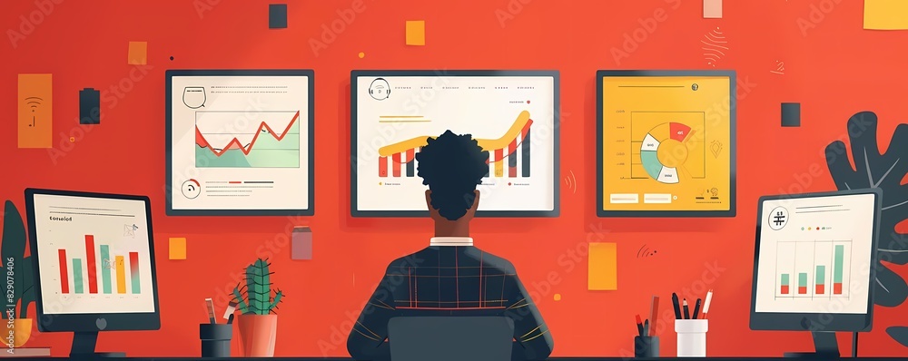 Poster see a flat design of a uxui designer working on a landing page design