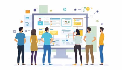 See a flat design of a UXUI designer presenting design concepts to a team