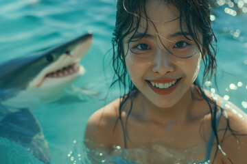 Asian woman playing with sharks in the sea.