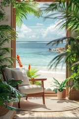 Fototapeta premium 3D image of a resort in a modern interior, armchairs by the window, view overlooking the beach.