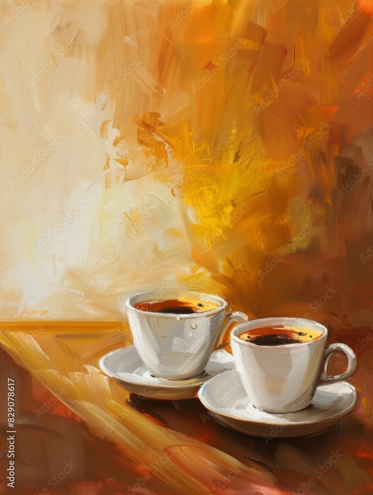 Poster a painting depicting two cups of coffee placed on a table. generative ai