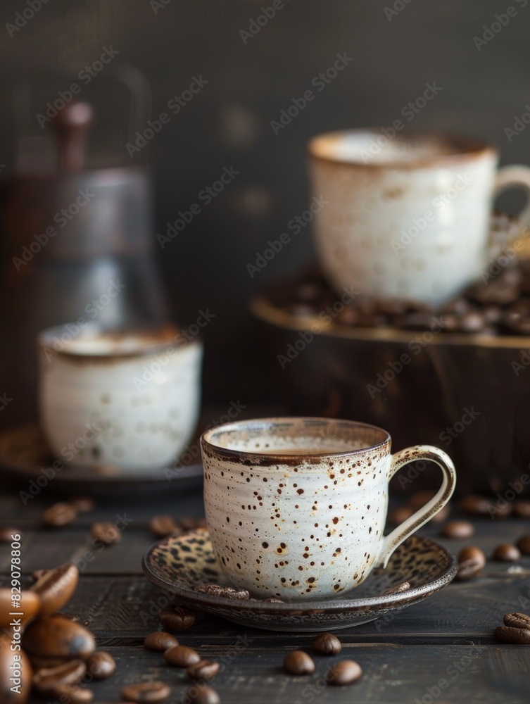 Aufkleber close-up of two coffee cups placed on a wooden table. generative ai