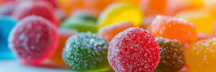 Vibrant, close-up image of colorful, sugar-coated gummy candies showcasing an array of flavors and textures