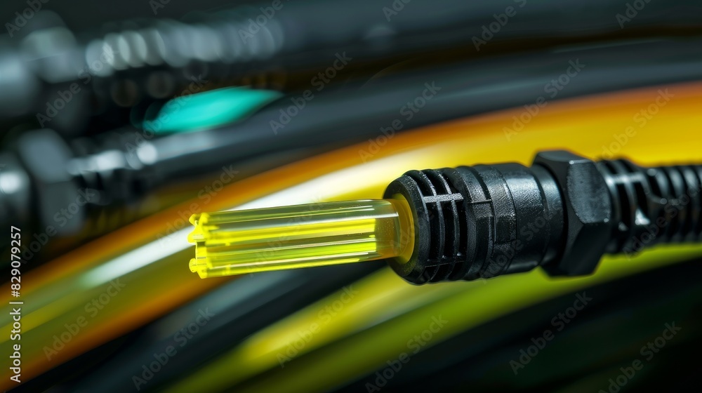 Poster close-up of single-mode optical patch cords with connectors, showing beveled ends.