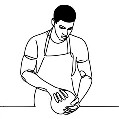 African American male chef, pastry chef, kneading dough, one line vector drawing