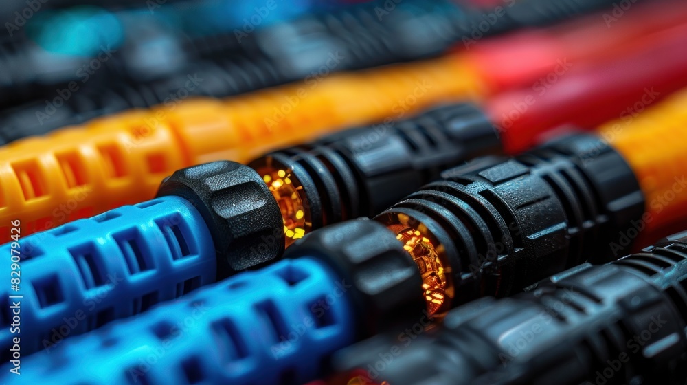 Poster close-up of single-mode optical patch cords with connectors, showing beveled ends.