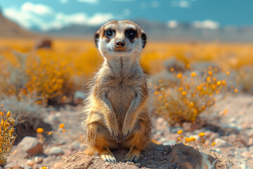 A curious meerkat standing upright to survey its surroundings in the arid desert landscape. Concept of desert wildlife and social cooperation. Generative Ai. - Powered by Adobe