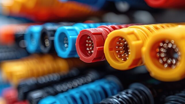 Close-up of single-mode optical patch cords with connectors, showing beveled ends.