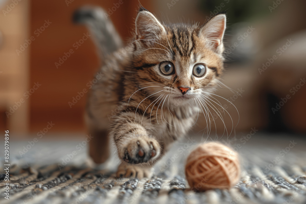 Sticker a playful kitten chasing after a ball of yarn, exhibiting youthful energy and curiosity. concept of 