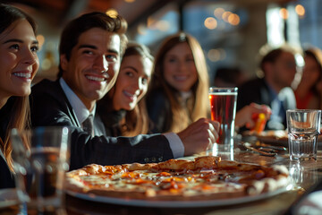 Selective focus of Caucasian businessman eating pizza together in restaurant.