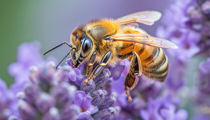 A closeup view of a bee perched on a pretty purple flower in its natural habitat
