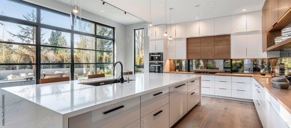 Wall mural Modern kitchen in new luxury home with island, white cabinets, floor-to-ceiling windows, and open shelving