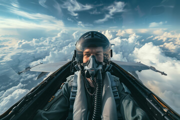 A fighter pilot wearing a helmet in the cockpit is flying high above the clouds.