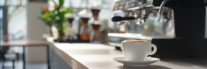 An elegant white cup of espresso stands ready on a modern coffee machine in a cafe setting