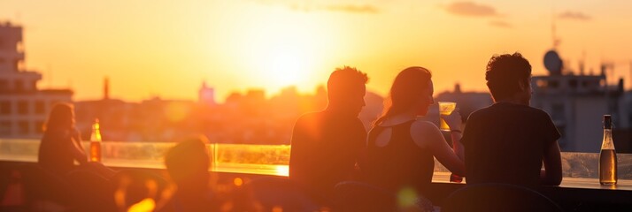 Group of friends silhouetted against a sunset sky while enjoying drinks on a rooftop