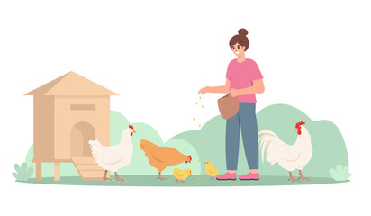 Fototapeta premium Farm girl feeding domestic poultry birds. Female Farmer character with hens and rooster. Agricultural scene isolated on white background. Vector illustration.