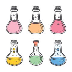 Six colorful potion bottles, handdrawn chemistry flasks doodled illustration. Magic potions set, cartoon laboratory vials pink, orange, yellow, green, blue liquids. Science experiment, alchemy