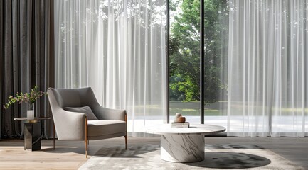 Modern living room interior featuring a stylish armchair, marble coffee table, and expansive windows with sheer curtains