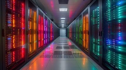 Fototapeta premium Vibrant Tech Haven: A Beautiful, High-Tech Server Room